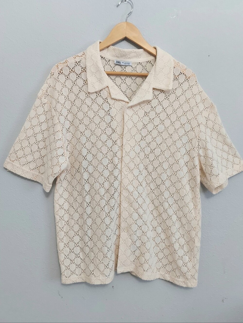 Zara Mens Crochet Textured Camp Collar Cream Button Down Shirt Medium Like New
